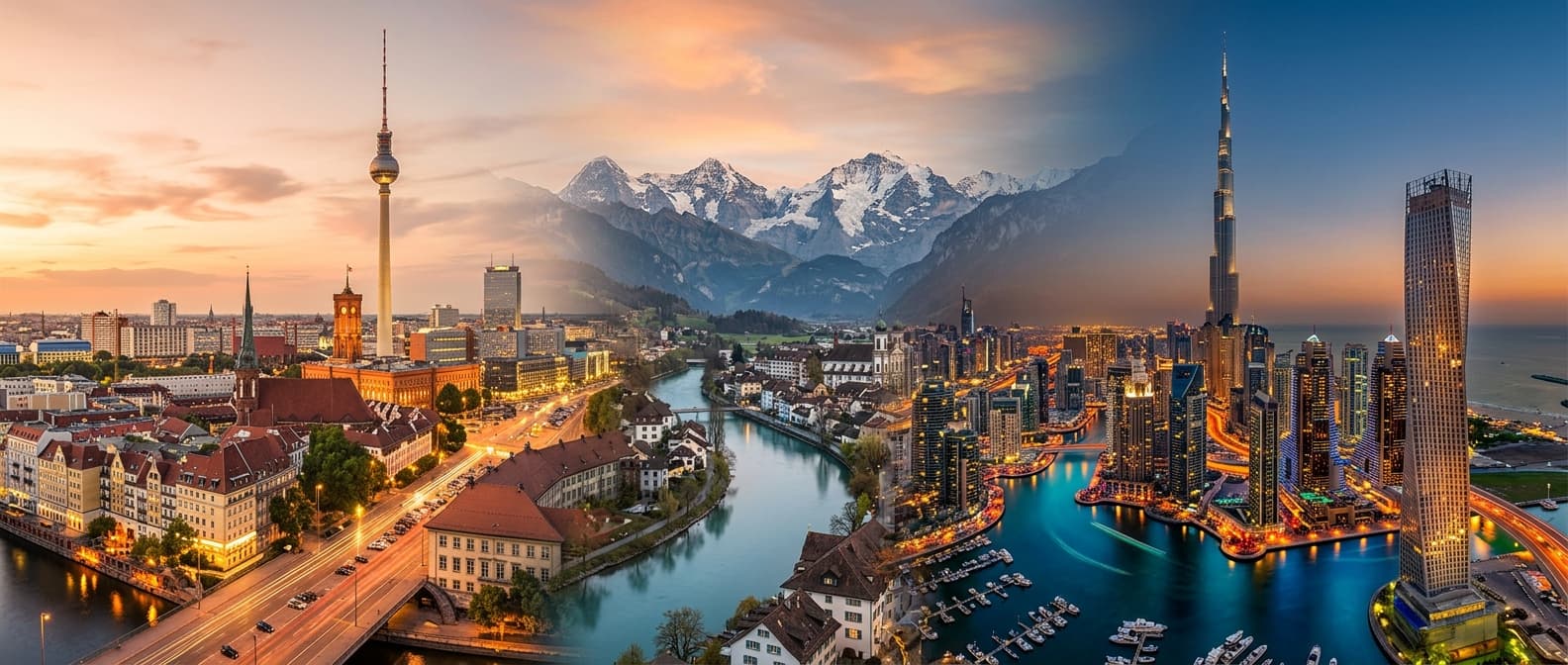 Panoramic skyline montage of the countries WeRelocate serves — Berlin, the Alps and Dubai